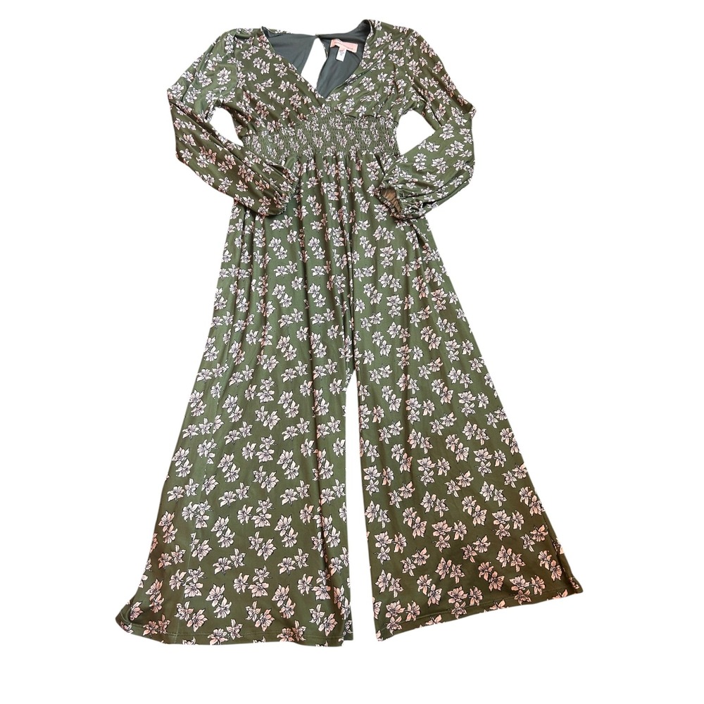 Maxey Greene Floral Wide Leg Jumpsuit Long Sleeve Olive Green Women Size Small - Picture 2 of 6
